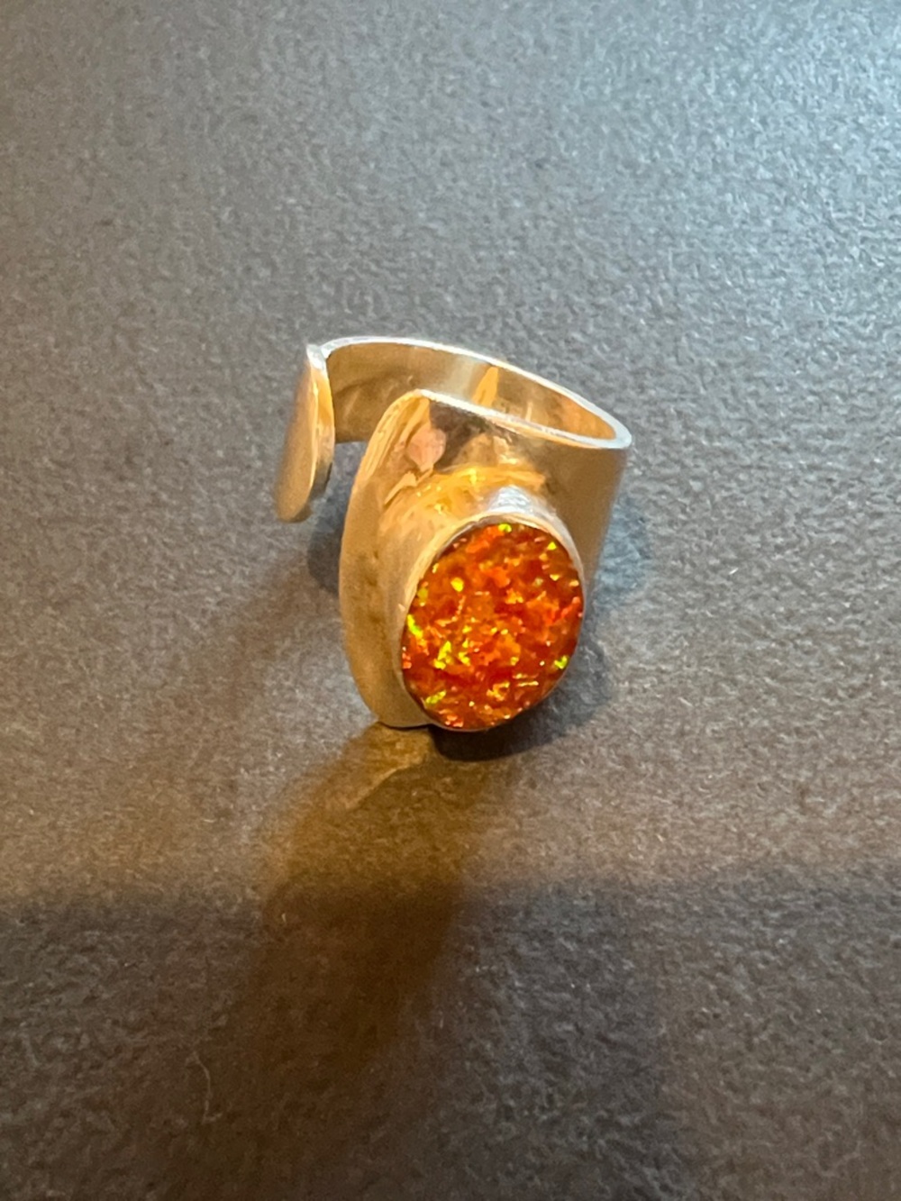 Source Unknown Silver Adjustable Ring with Bright Orange Druzy